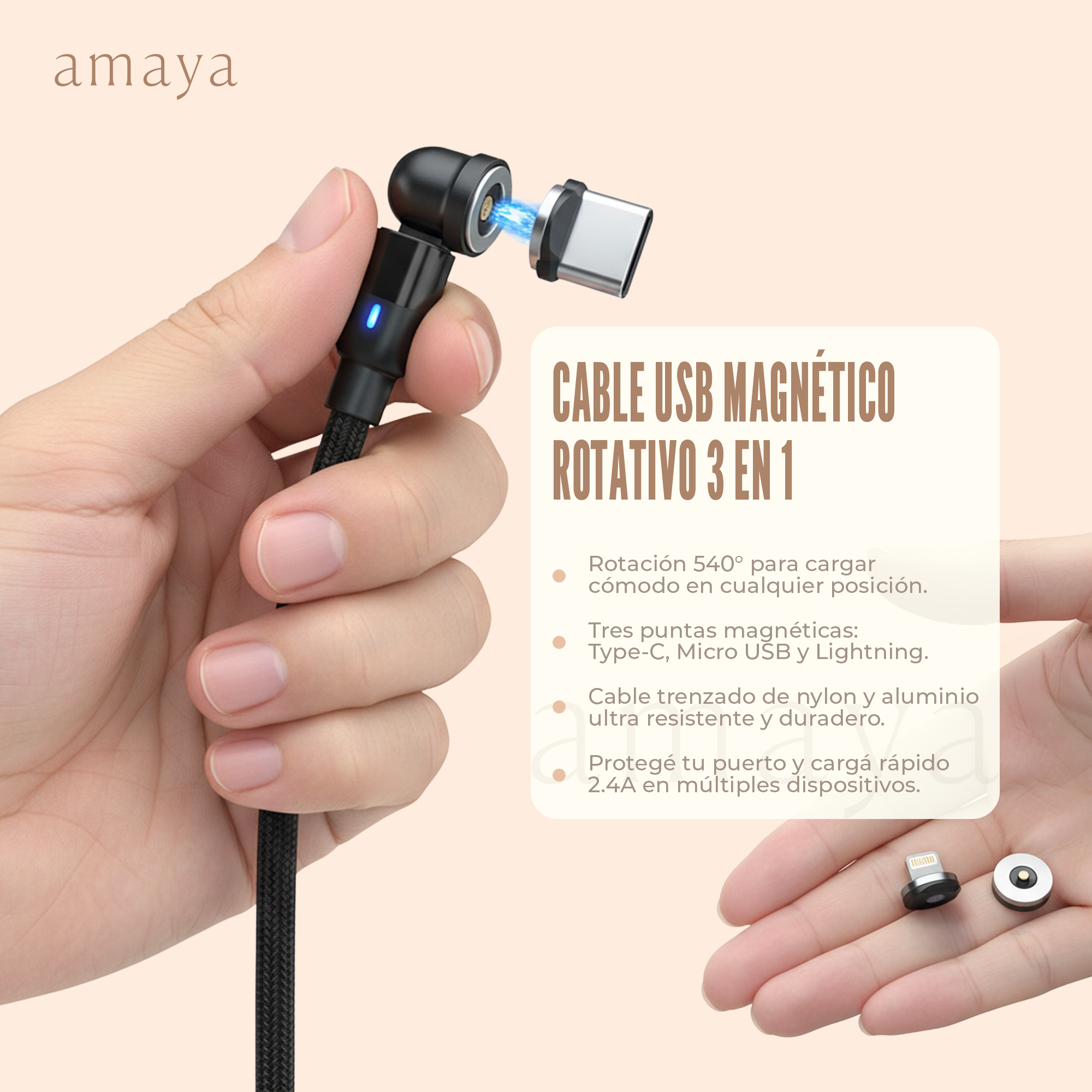 Cable USB Magnético Rotativo 3 en 1